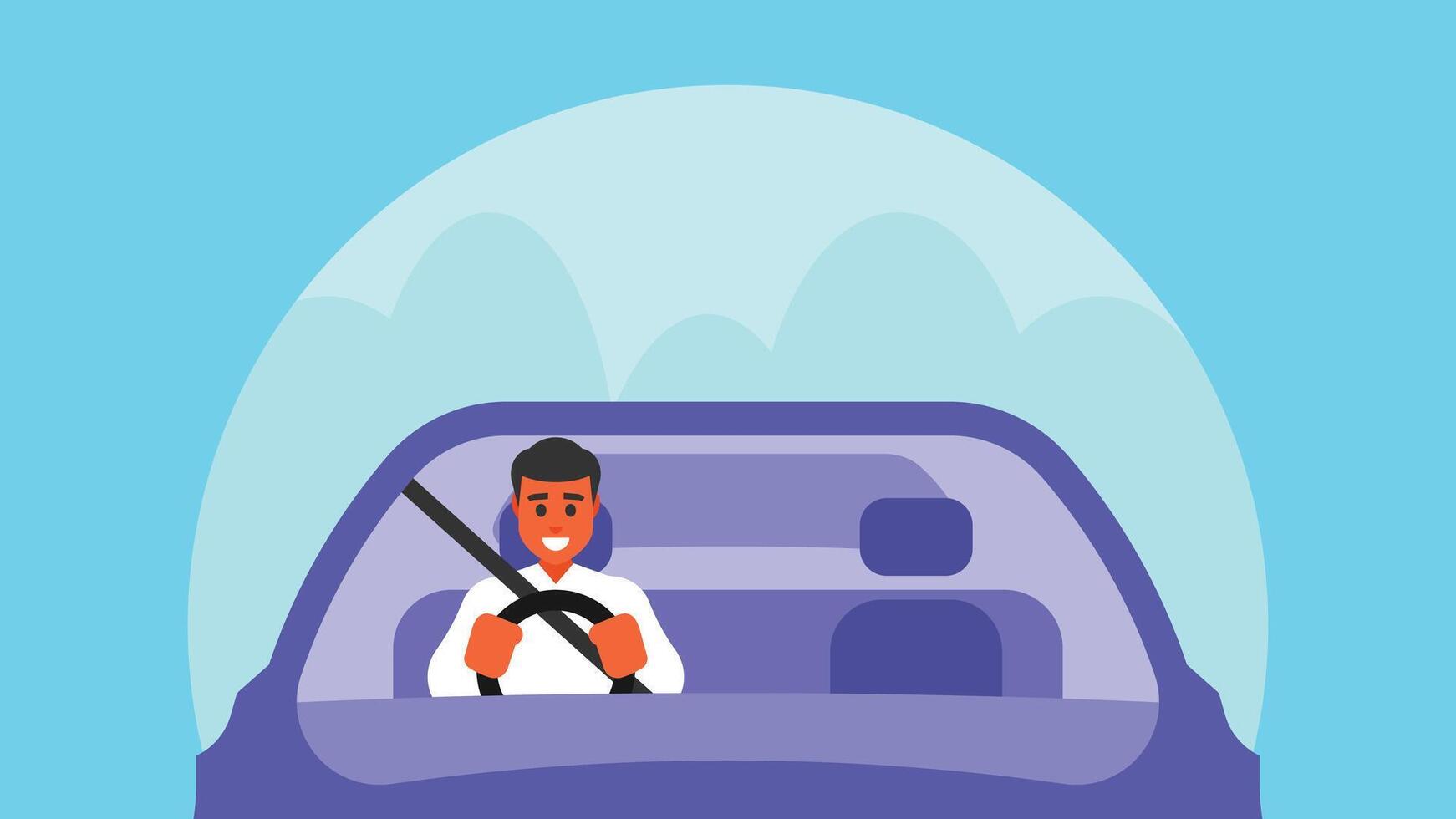 Man rides his car in the street with focus on the rider illustration in day light vector