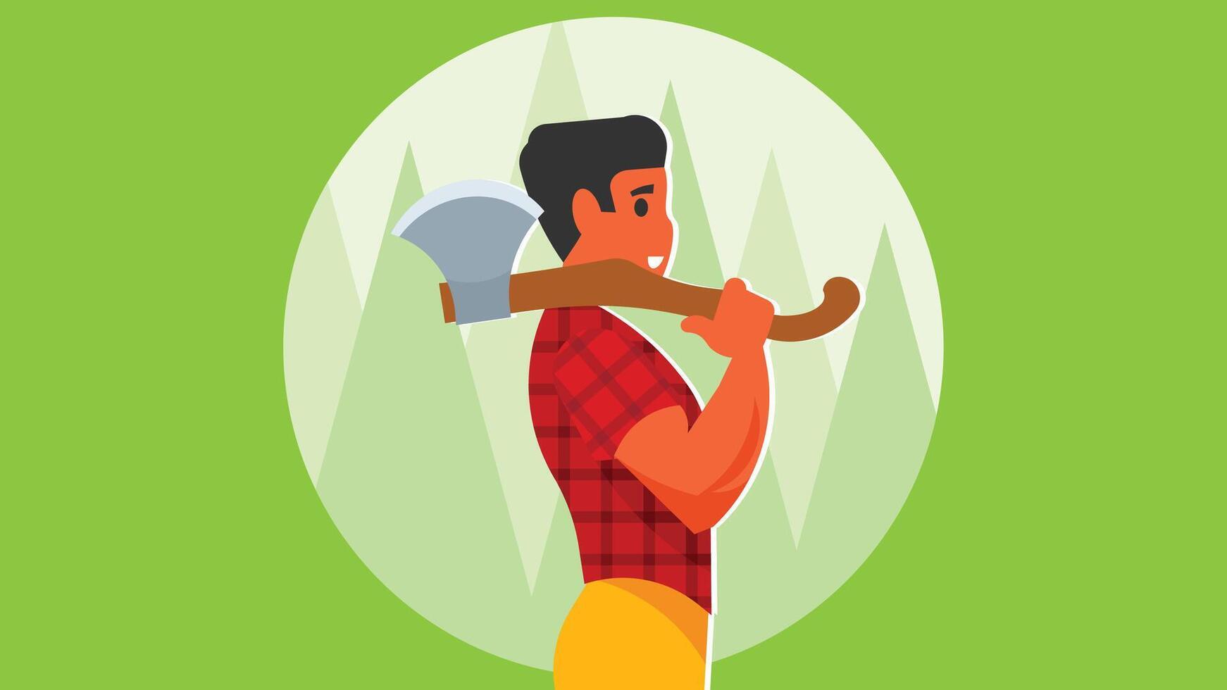 lumberjack is cutting wood trees in the forest illustration vector