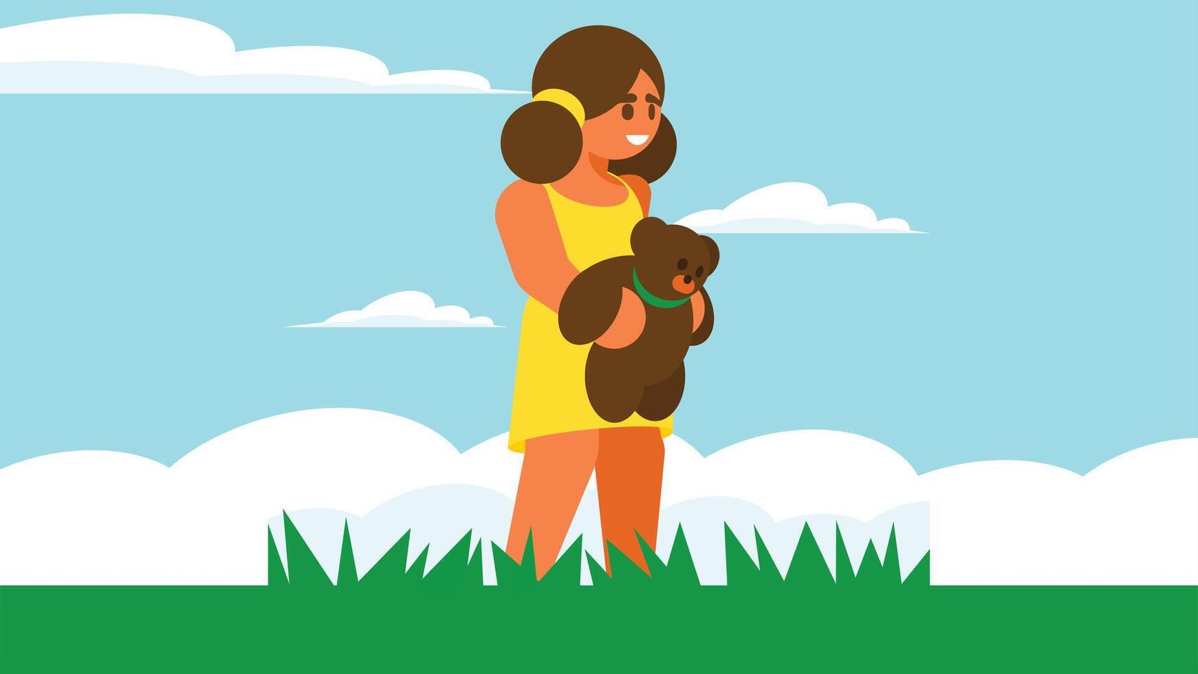 girl hold bear toy in the garden with sky in the background illustration vector