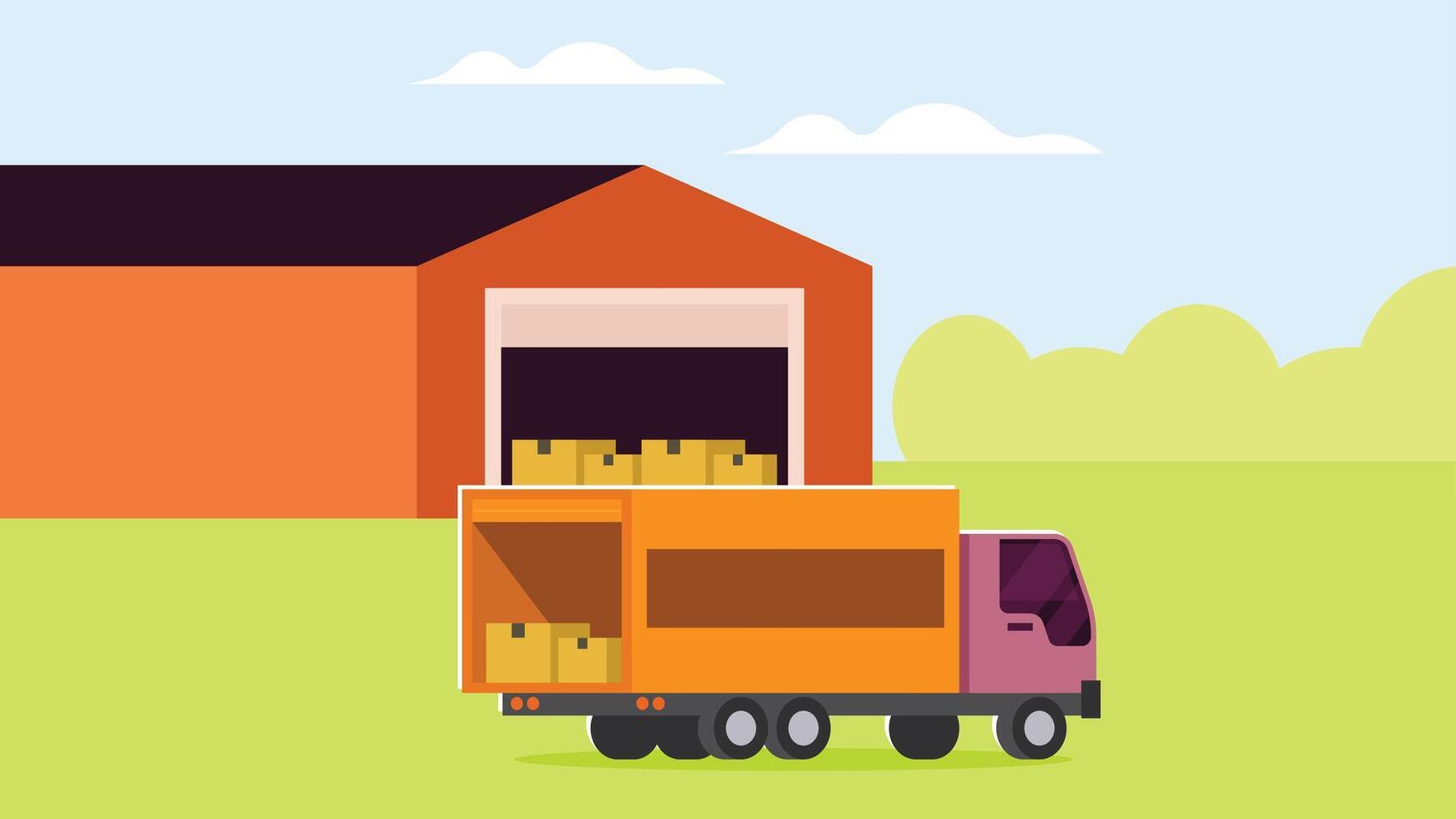 shipping truck delivers packages into warehouse logistics illustration vector