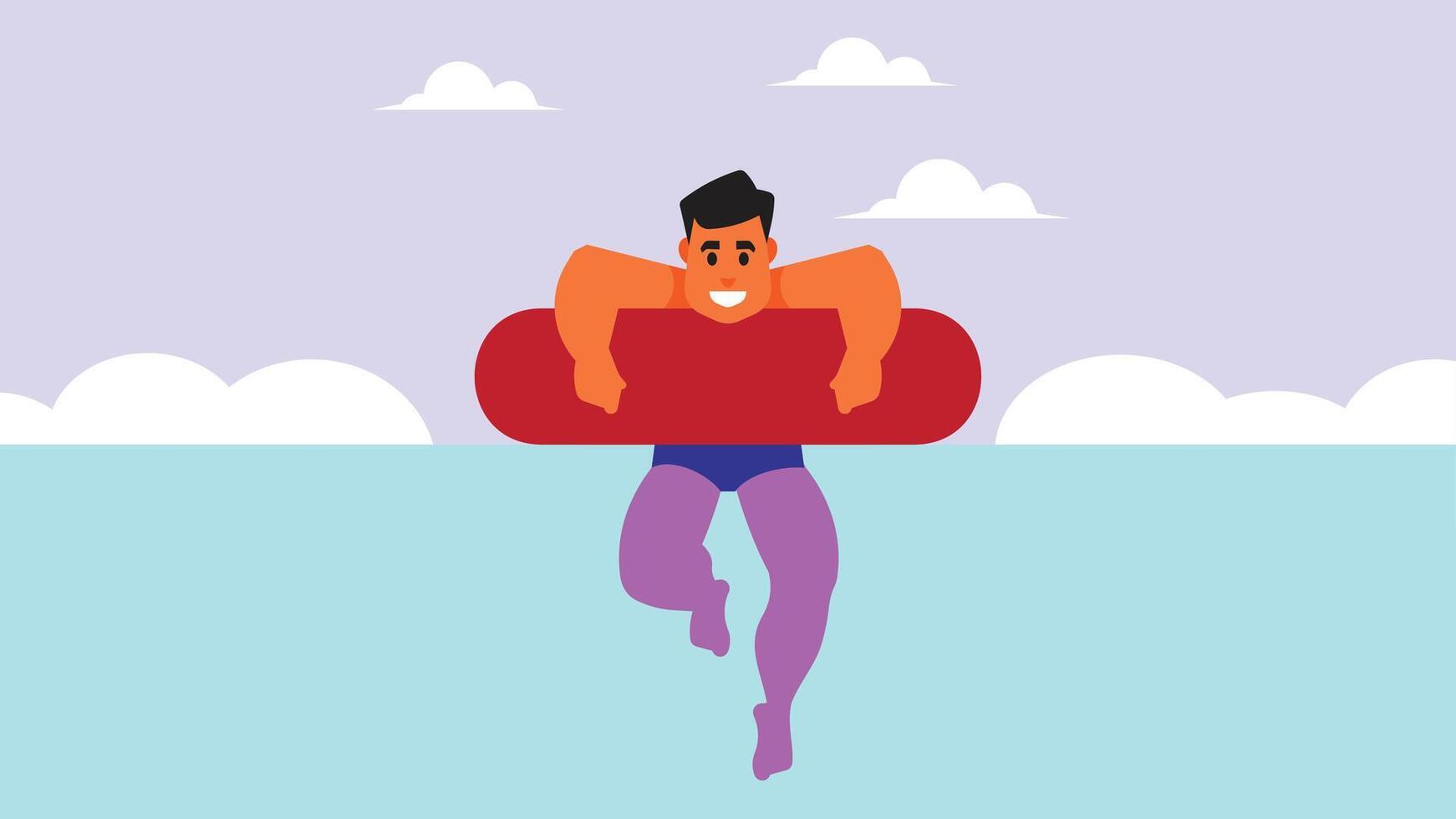 kid swimming with donut inflatable in the ocean flat design vector