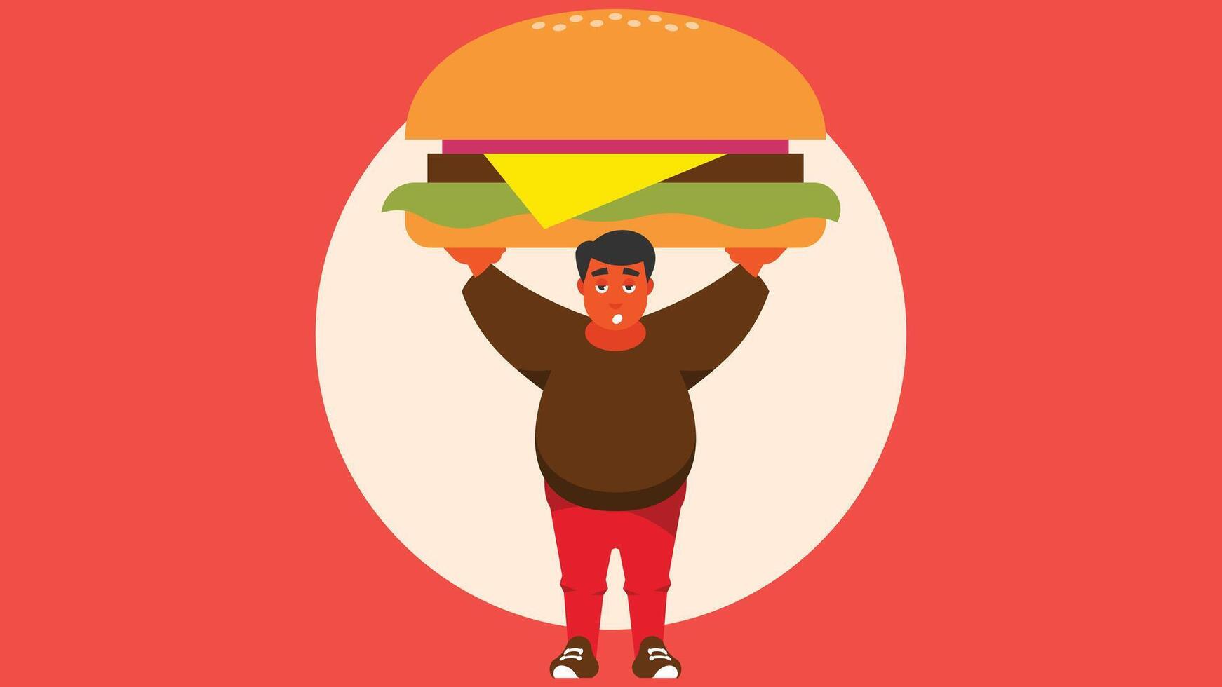 hungry man holding a big burger sandwich above his head illustration vector