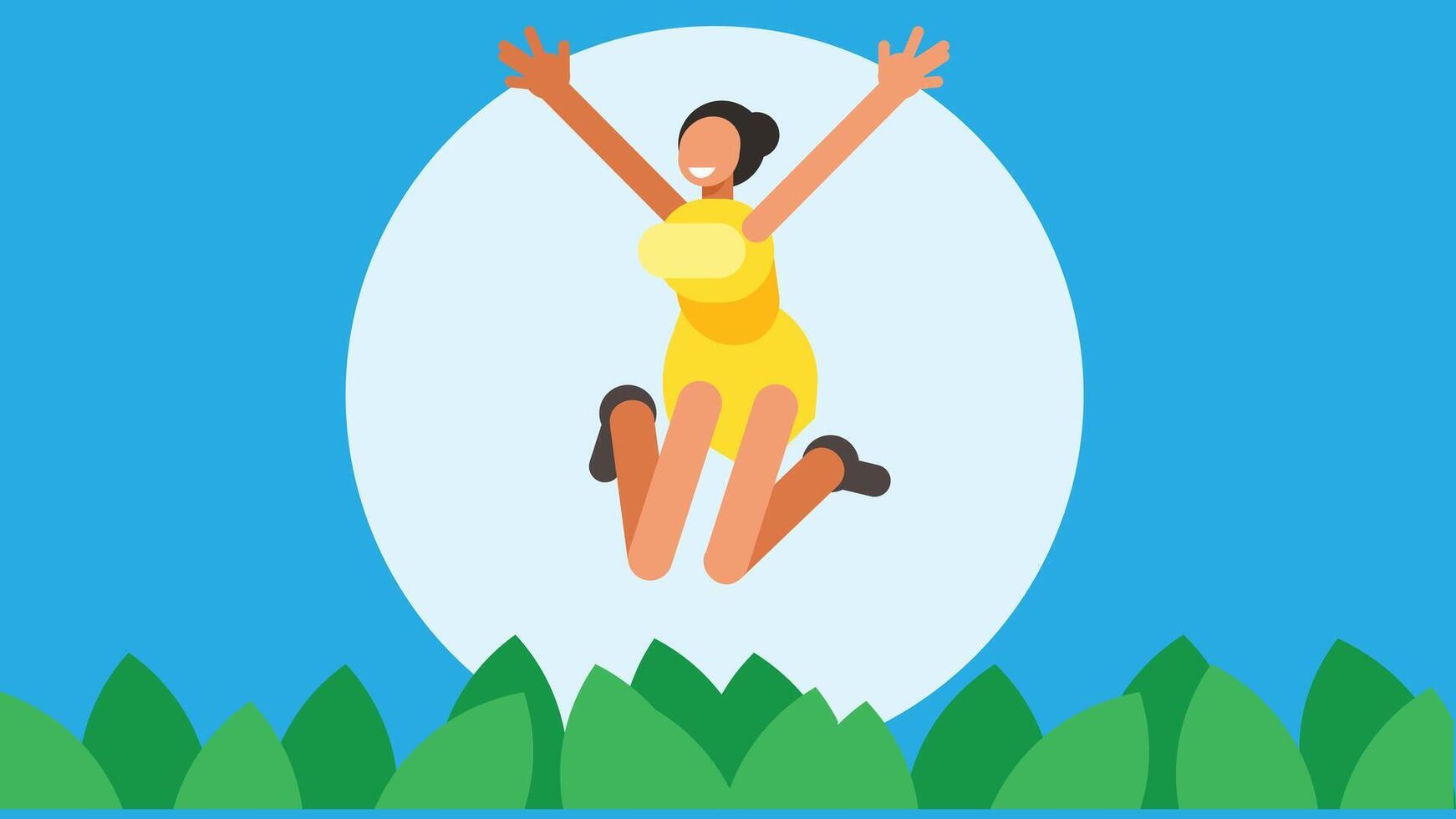 woman jumps with extreme joy and happiness flat design illustration vector