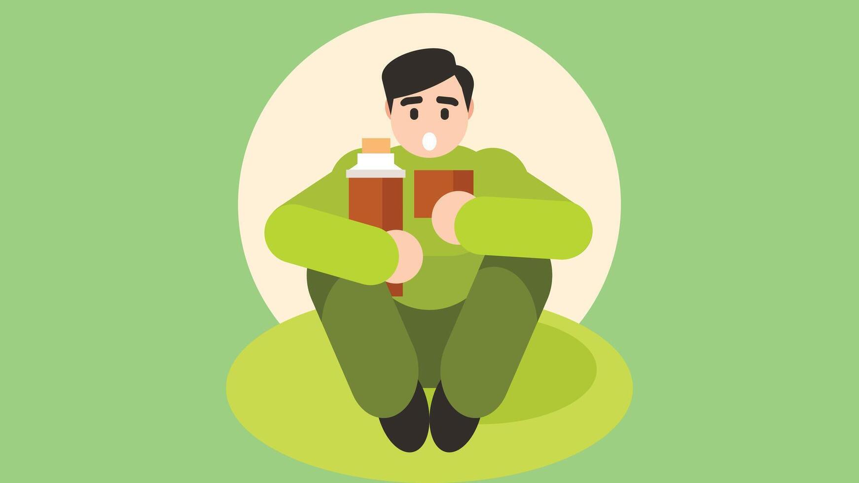 person hold a cup of coffee and sits on the ground illustration vector