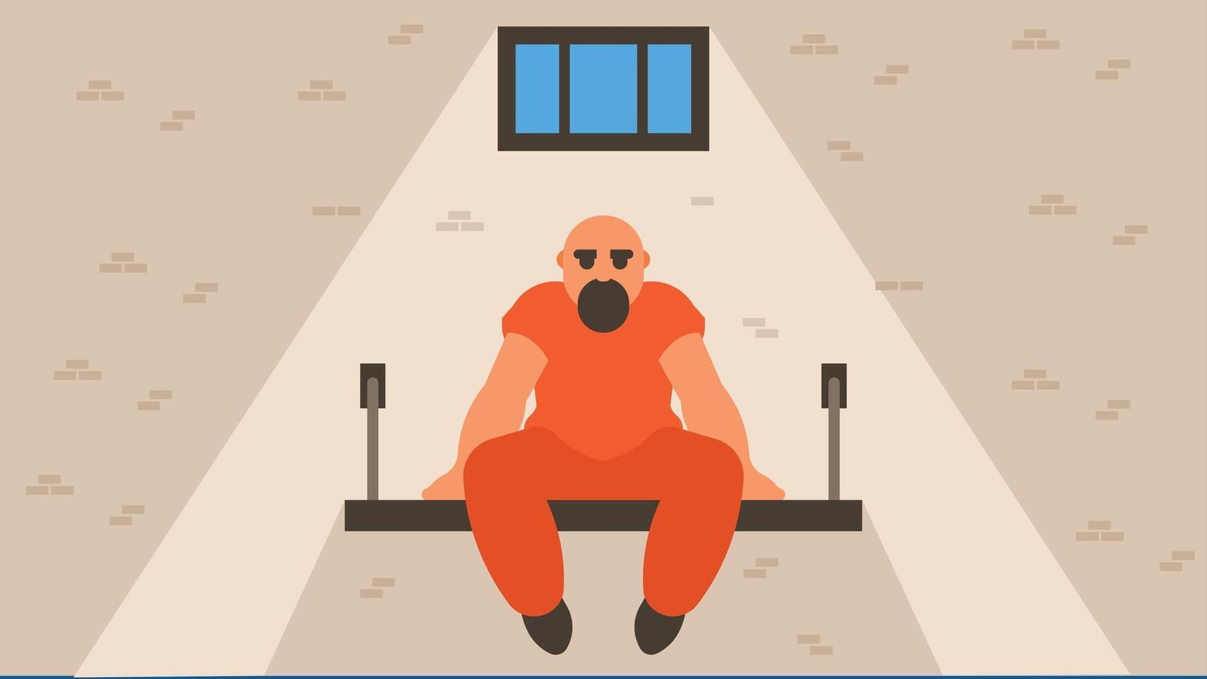 prisoner sits on the prison bench with a tiny small window in the background flat design illustration vector