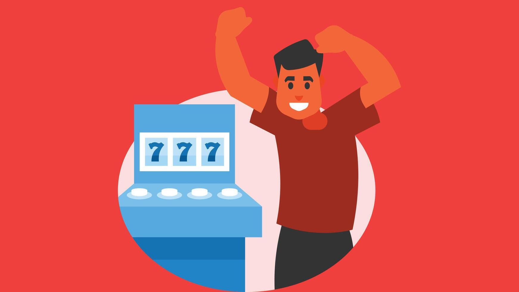 Man happy from winning the jackpot from a slot machine flat design vector