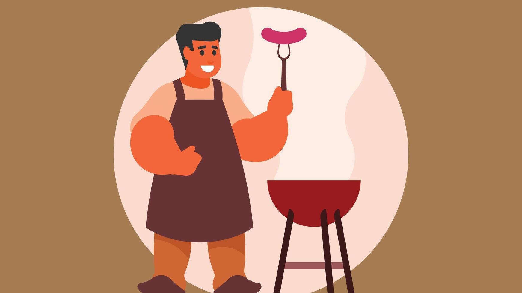 man holds a susage in a bbq grilling party vector