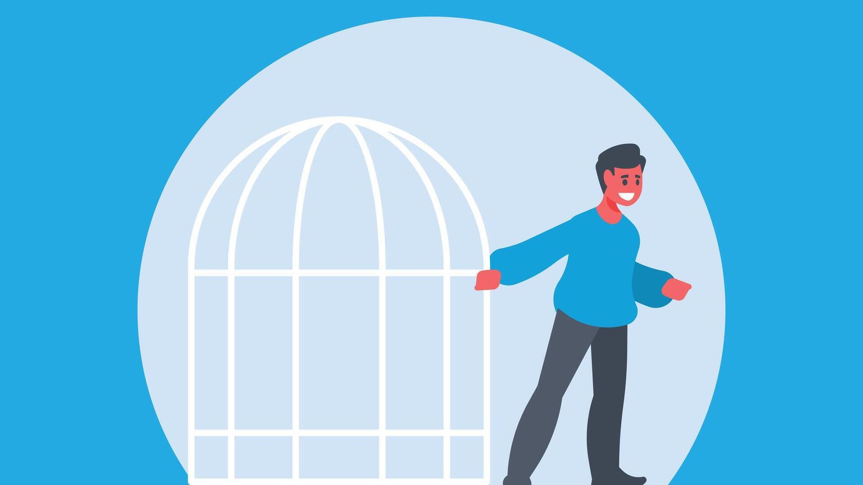 man is geeting out from cage and feels the freedom abstract illustration vector