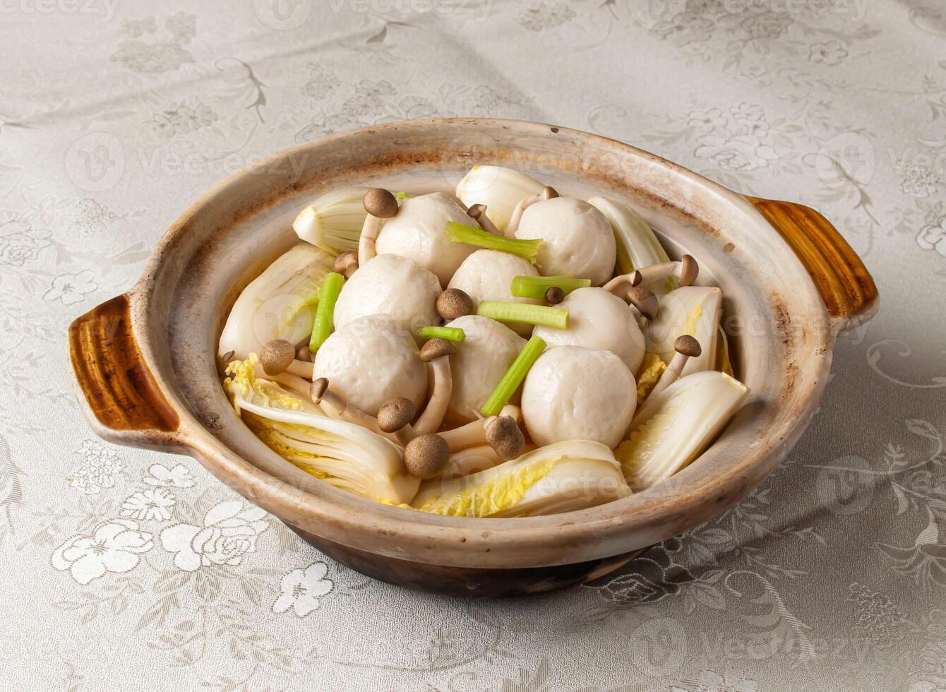 Wild Mushroom Fish Curd Casserole served dish isolated on background top view of hong kong chinese food photo