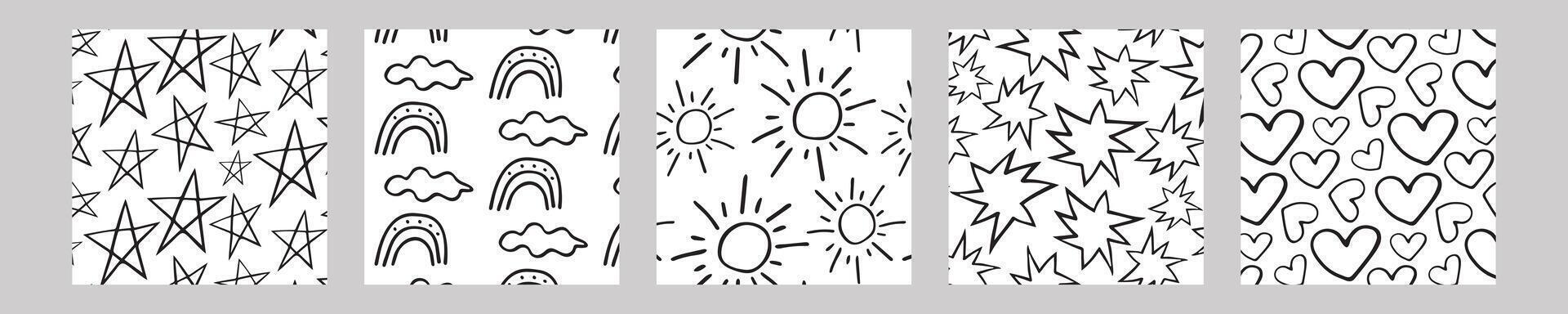 Set of hand drawn doodles. Doodle style. Abstract backgrounds with hearts, sun, stars and rainbows. vector