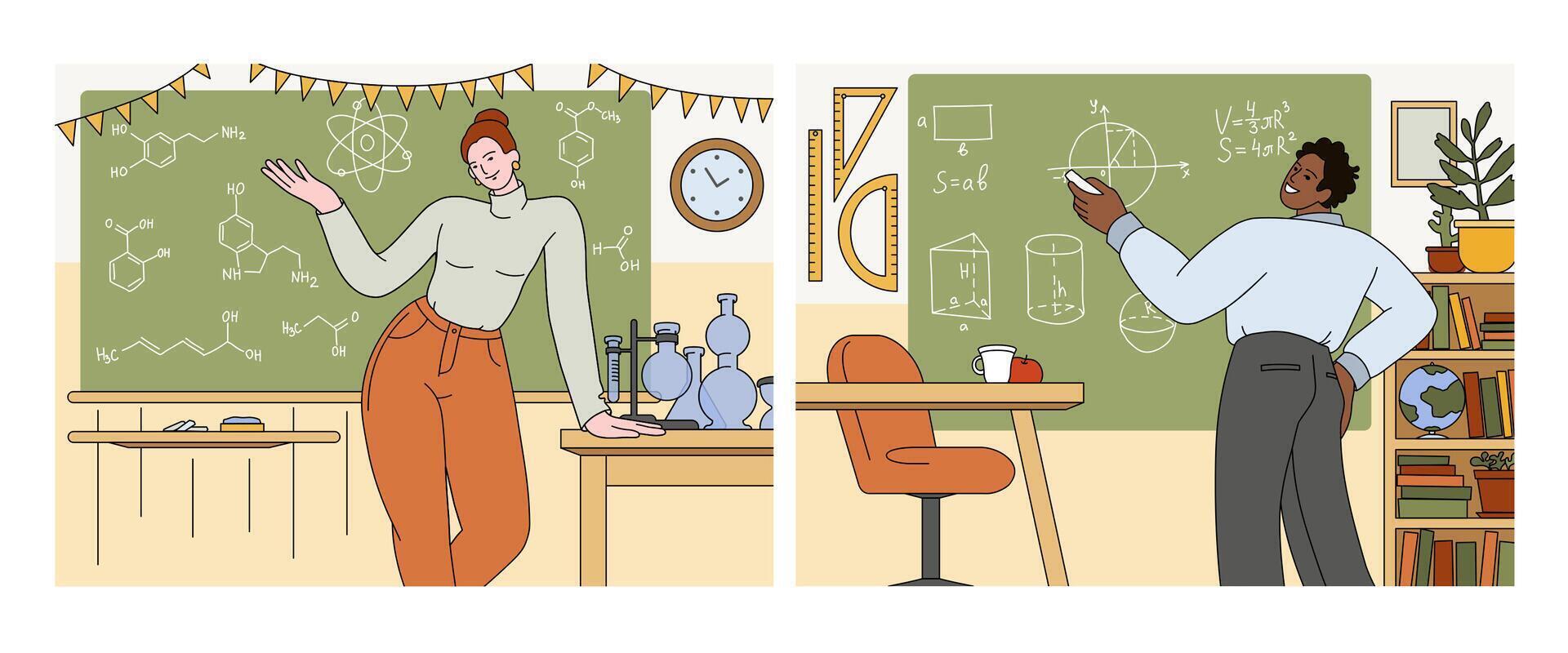 Flat school woman and man teachers standing at chalkboards in classroom. Lecturers teaching chemistry, mathematics or training education courses in class. Young professors at blackboard and table. vector
