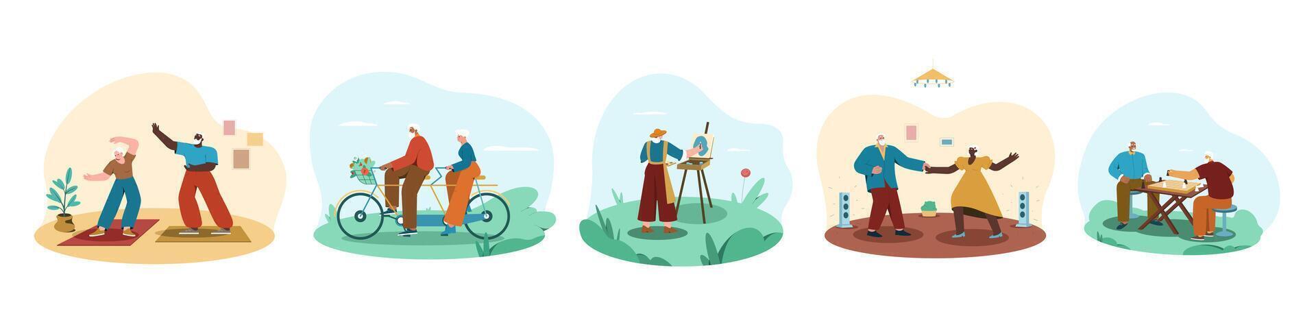 Aged people recreation and hobby. Happy senior man and woman riding a bicycle in park, playing chess, painting and dancing at home. Flat set with elderly characters doing physical activities, cycling. vector