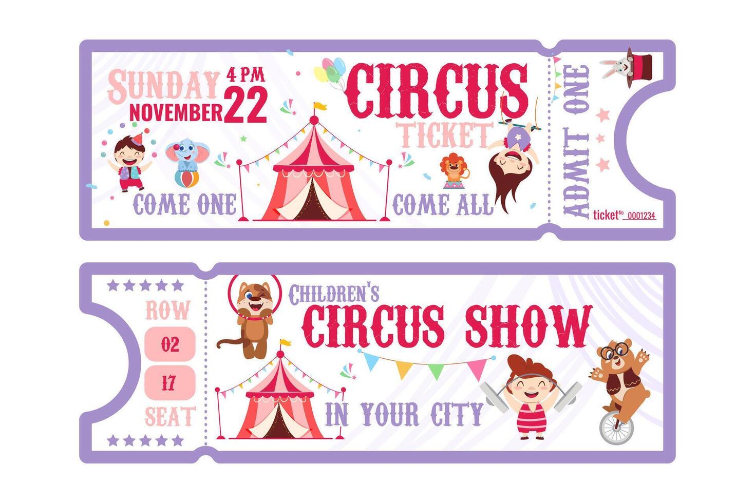 Circus ticket pass template with animal artists, strongman, acrobat and juggler. Entrance coupons with tent and carnival arena in amusement park for performing show. Invitation cards on festival event vector