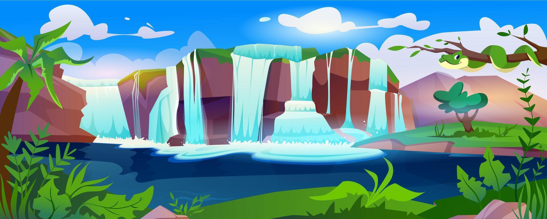 Jungle forest cartoon landscape with waterfall cascade. Tropical natural scenery of wild park with lake, palm tree, green fern leaves and boa on branches. River stream flowing from stones to creek. vector