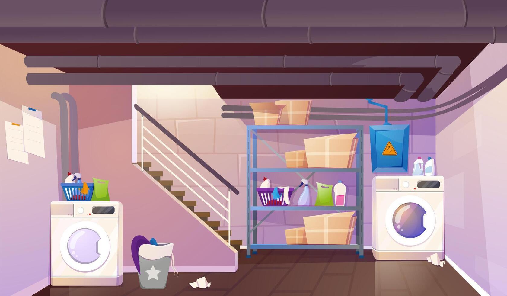 cartoon interior of house basement with washing and dryer machine, stairs, basket with dirty linen, carton boxes and detergents on shelves. Laundry room or home cellar in cottage. vector