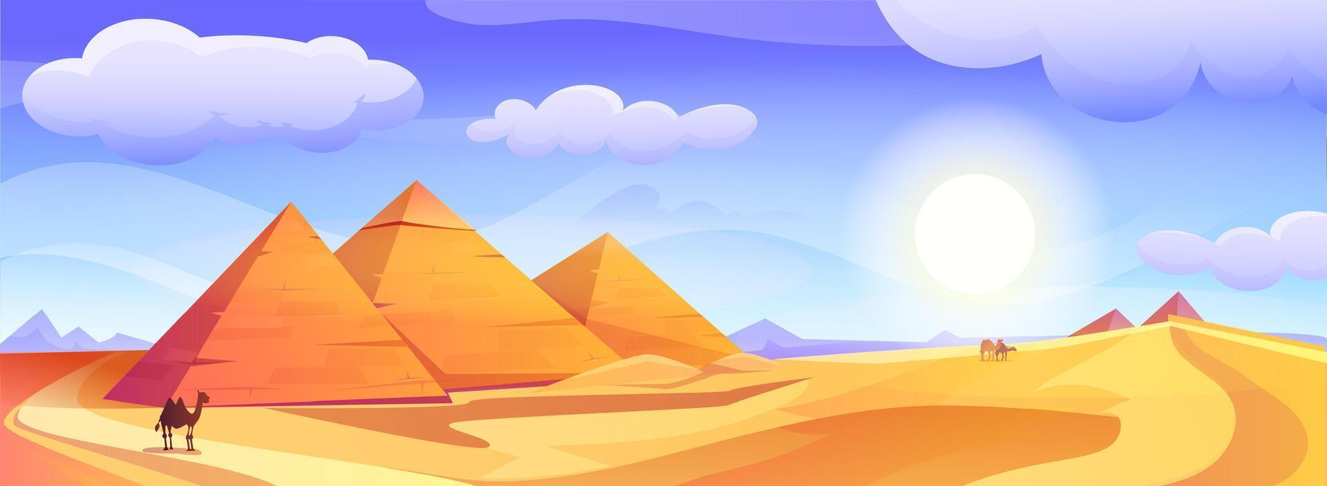 Egyptian landscape with egyptian pharaohs pyramids cartoon illustration. African desert with ancient tombs, bedouin camels and yellow sand dunes. Ancient complex with hot sun and clouds in sky. vector