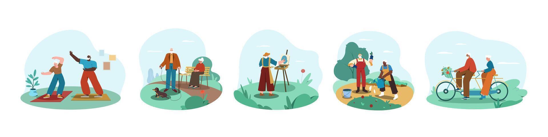 Flat people recreation and hobby. Happy senior man and woman riding a bicycle, walking in park, gardening, painting and exercising at home. Cartoon set elderly characters spend time on retirement. vector