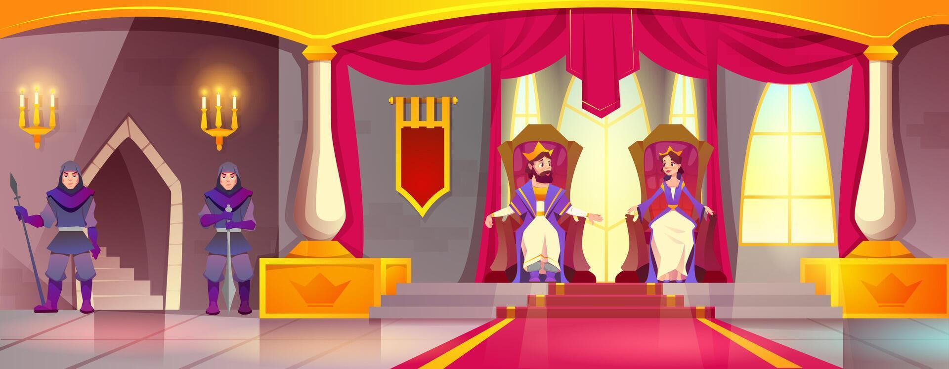 Cartoon king and queen in gold crown, luxury costume sitting on throne in medieval castle. Kingdom palace interior with red carpet, candles, flag, knights with sword and royal characters in chairs. vector