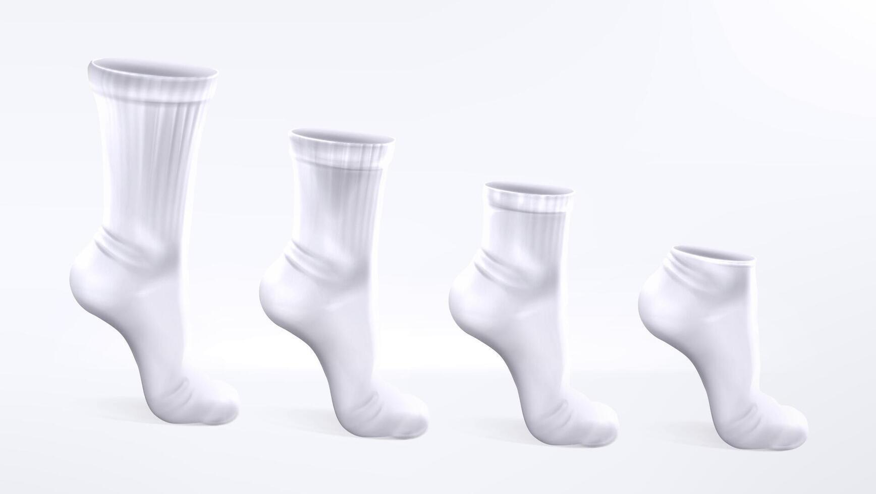 3d realista conjunto de Deportes y casual blanco calcetines diferente longitudes aislado en blanco antecedentes. largo, medio y corto clásico algodón pie ropa burlarse de arriba. modelo Bosquejo ropa de deporte. vector