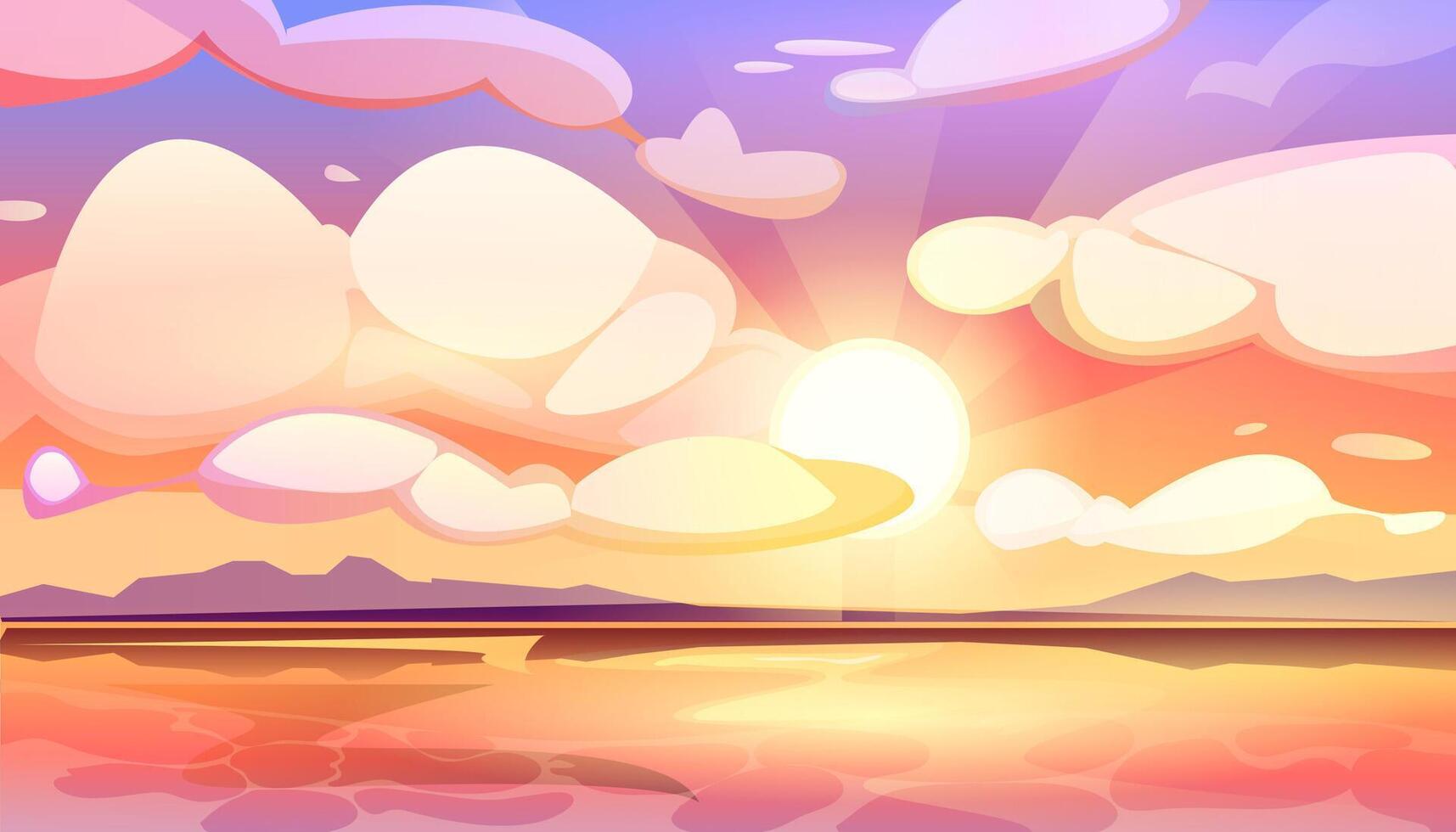 cartoon illustration of beautiful sunset or sunrise gradient sky with clouds. Summer landscape with cloudy heaven, sunlights and sun over the sea. vector
