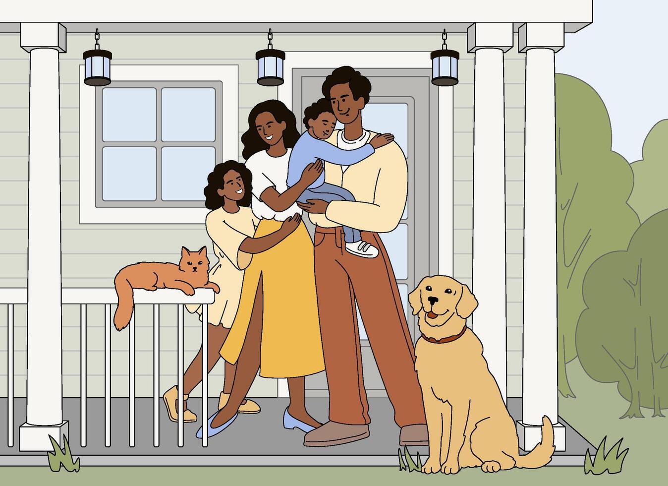 Flat smiling parents and kids hug standing on porch of countryside house with domestic pets. Happy family members embracing each other. Father and mother with baby son and daughter in front of cottage vector