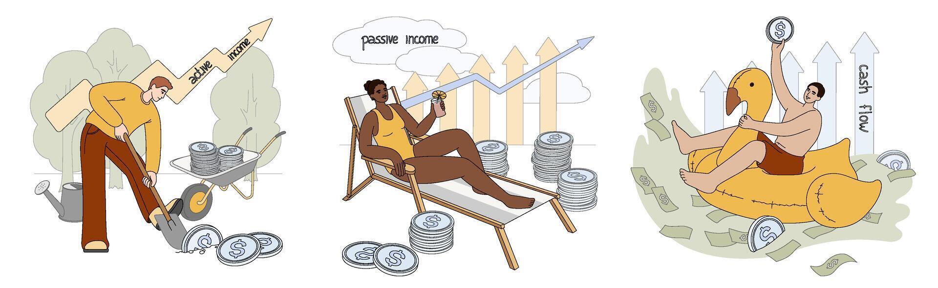 Cash flow, passive and active income concept. Flat businessman with shovel digging up coins. People work and money coming. Receive profit or increase incomes. Woman relax and get cash, stock dividends vector