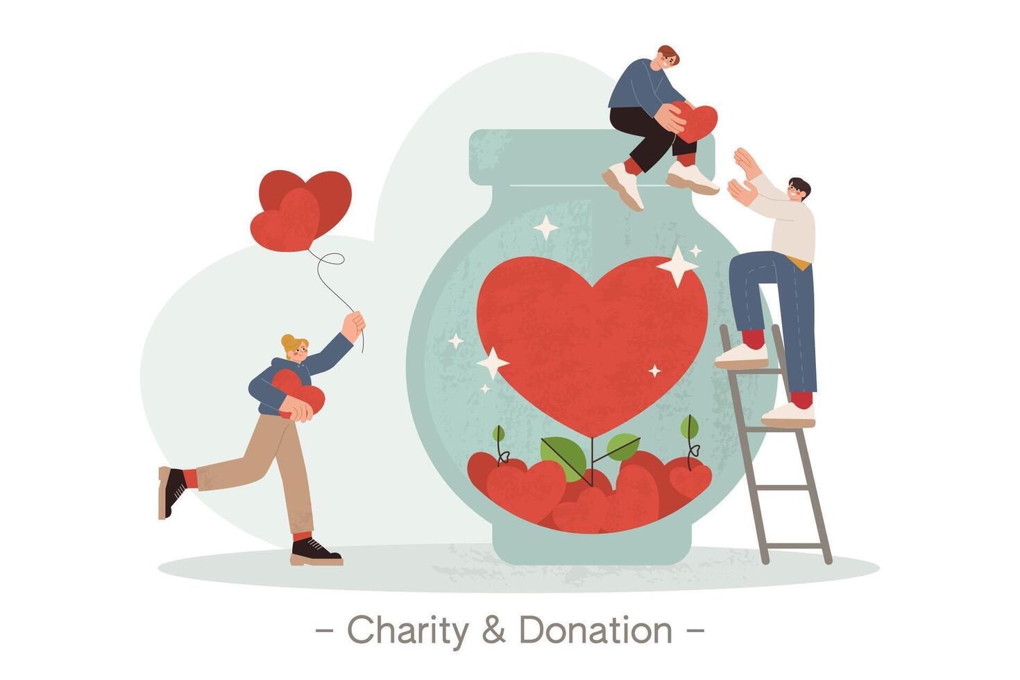 Flat tiny volunteers collecting red hearts in big jar for donation, charity or humanitarian aid. People making donate. Generous community characters help and support poor, homeless or elderly persons. vector