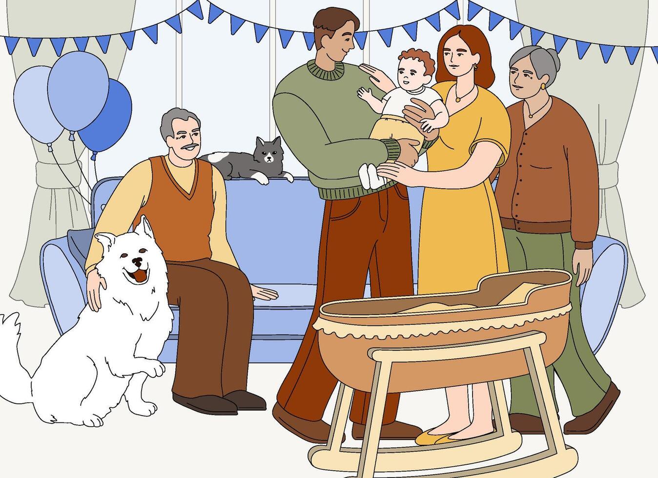 Flat family celebrate infant birth. Young smiling mother and father holding newborn baby boy in hands. Happy relatives welcoming and congratulating parents on new child or birthday at decorated home. vector