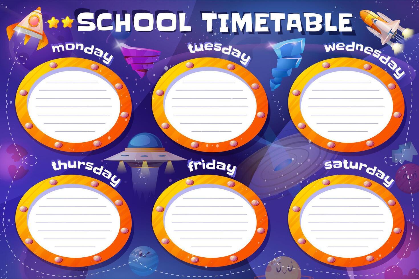 Cartoon kids school timetable with solar system space planets and rockets in starry sky. Education weekly planners schedule or classes calendar for lessons with alien spaceships in cosmic galaxy. vector