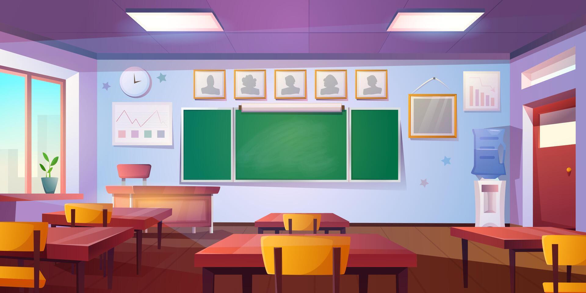 Cartoon empty classroom. Education school or college class interior with green blackboard, teacher and pupil tables, wooden chairs. Room for studying with clock hanging on wall, posters, water cooler. vector