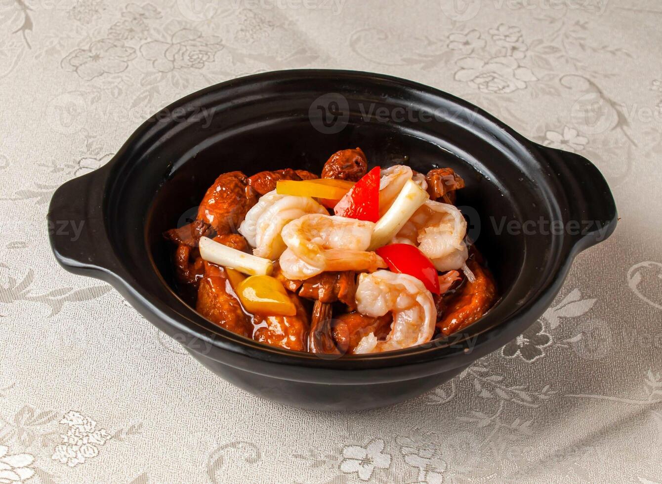 Agaricus Blazei Shrimp and Tofu Casserole served dish isolated on background top view of hong kong chinese food photo