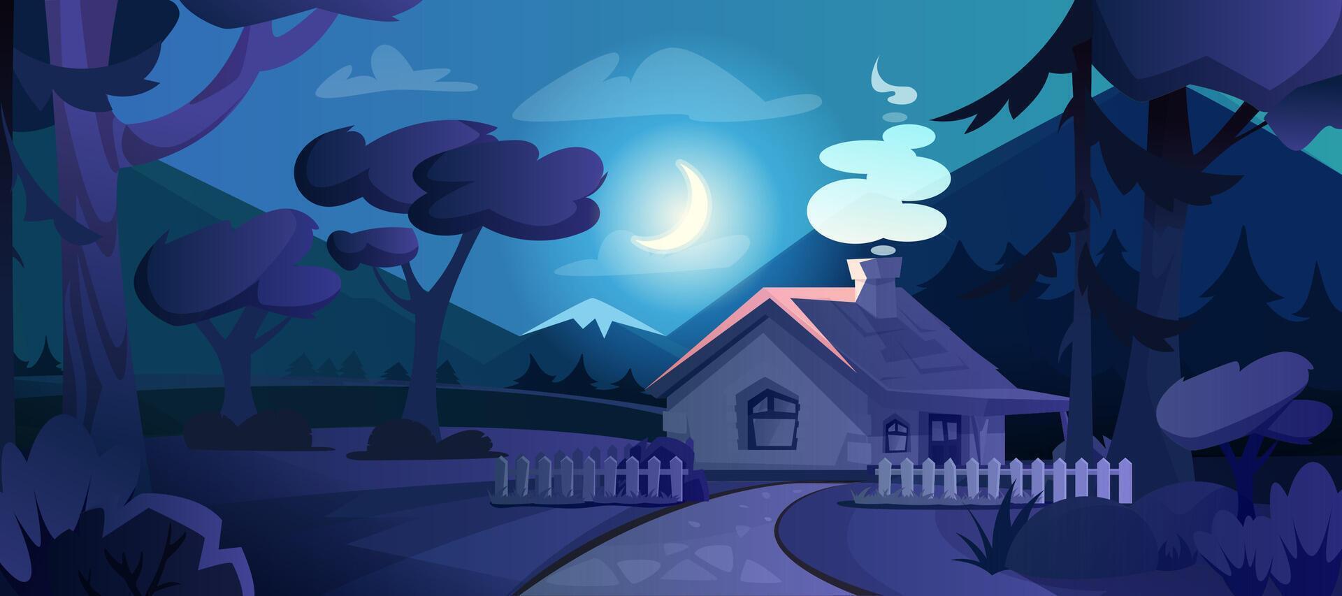 Cartoon country house with glow windows in night forest. Nature scene landscape of forester cottage with smoke from chimney, fence, road, mountains and moon in dark sky. Rural village under moonlight. vector