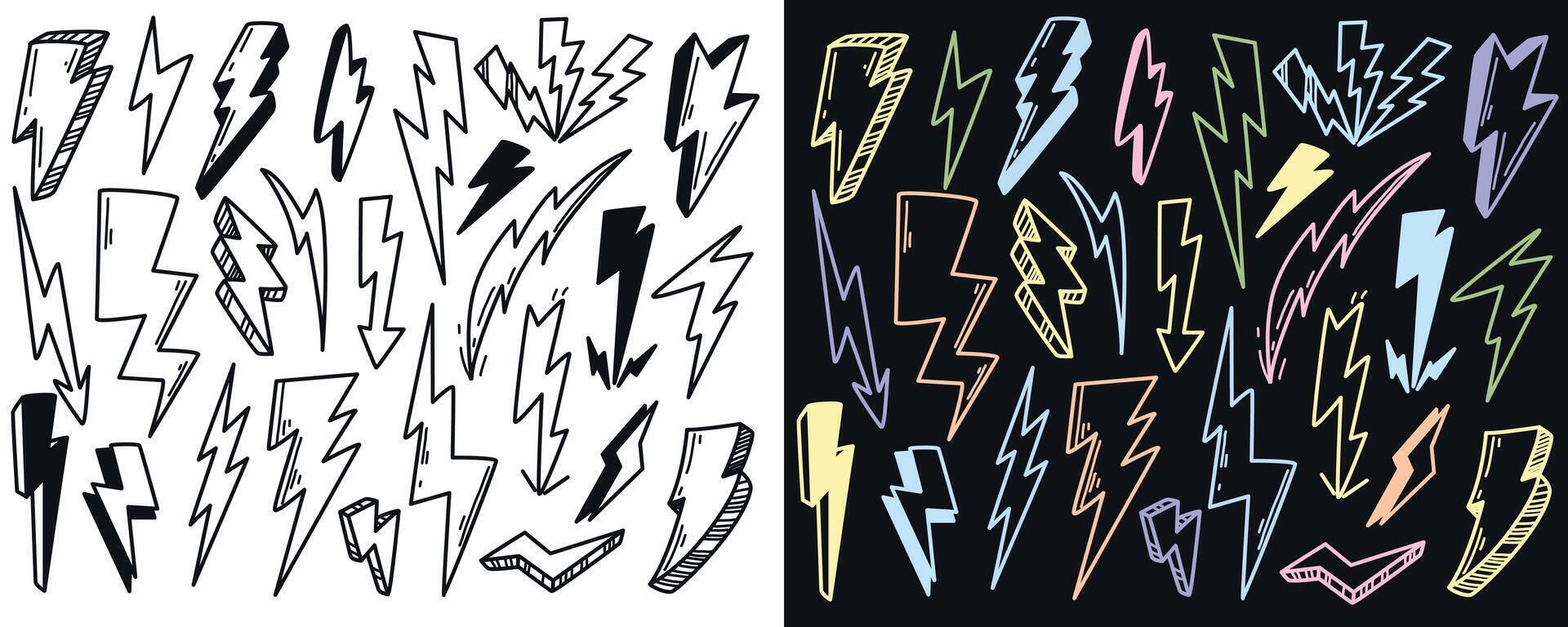 Hand drawn doodle lightning bolt signs set illustration. Different thunderbolts or electric discharges. Energy strike flash. Voltage warning symbols of electricity on black and white background vector