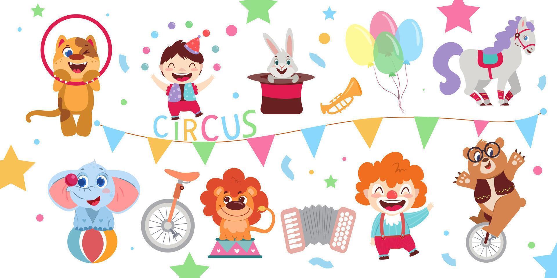 Set of cartoon happy artists, funny performers animals and decoration in amusement park or circus. Juggler, clown, elephant on ball, bear on bicycle, lion on stage, rabbit in magic hat show carnival. vector