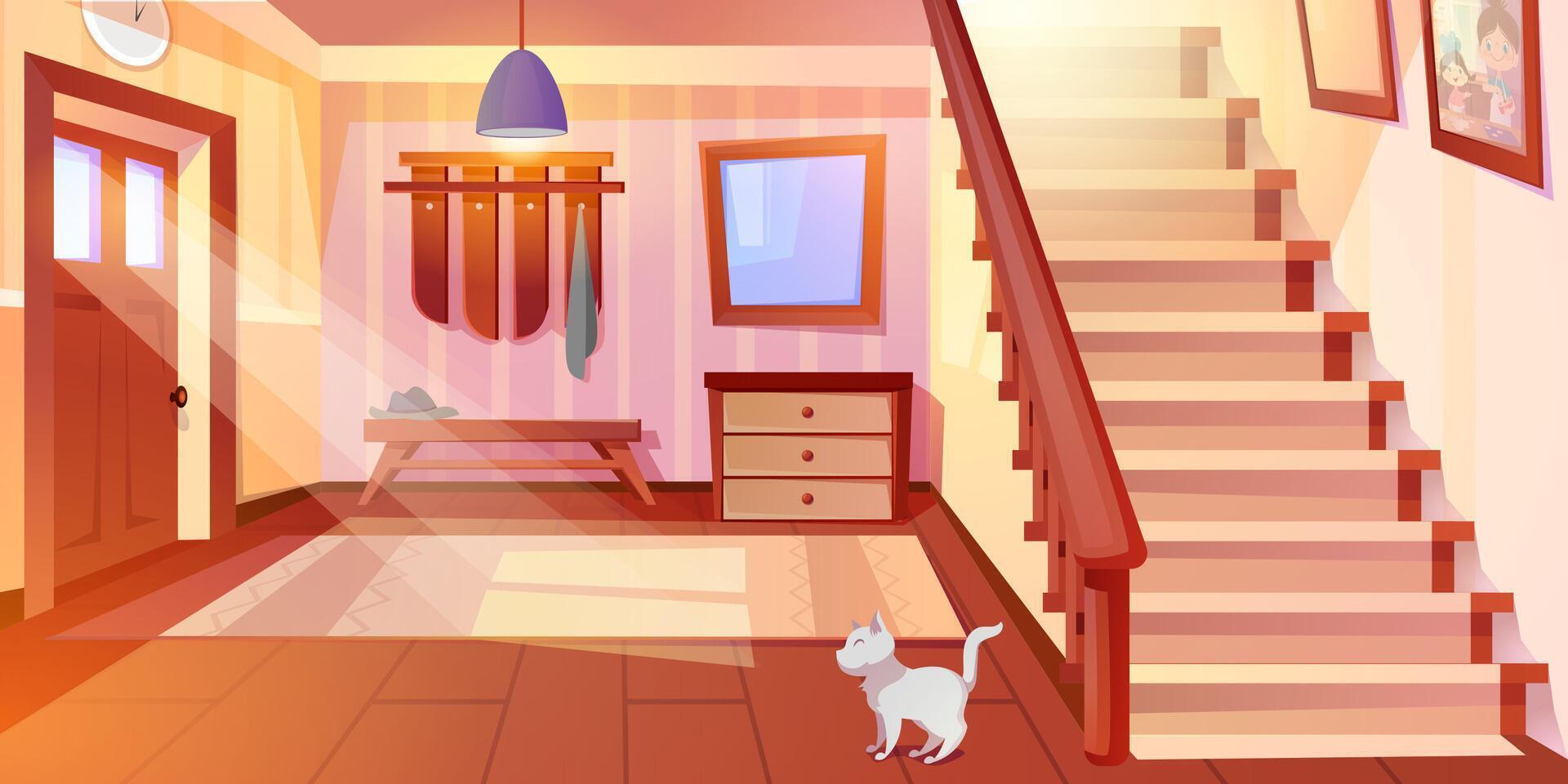 Cartoon house hallway entrance interior with wooden hanger, stairs and furniture. Home inside with white cat, carpet, mirror, staircase, hat on bench and clock on wall. Sun shining through front door. vector