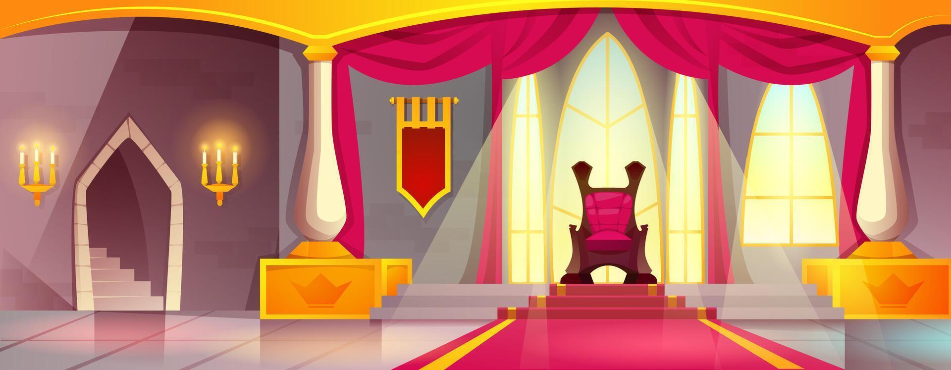 Cartoon medieval castle with empty ballroom, burning candles and red carpet path to king throne on pedestal. Royal palace interior hall or ceremony room with columns, curtains on window, queen chair. vector