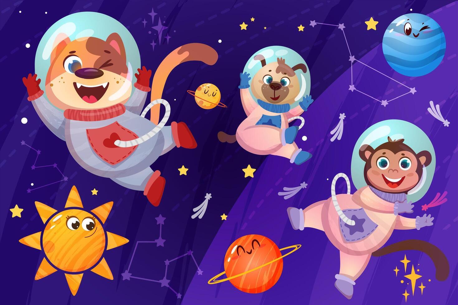 linda animales astronautas en trajes espaciales volador en abierto espacio. contento perros y mono cosmonautas en casco explorador universo galaxia con planetas, estrellas y constelaciones dibujos animados ilustración. vector