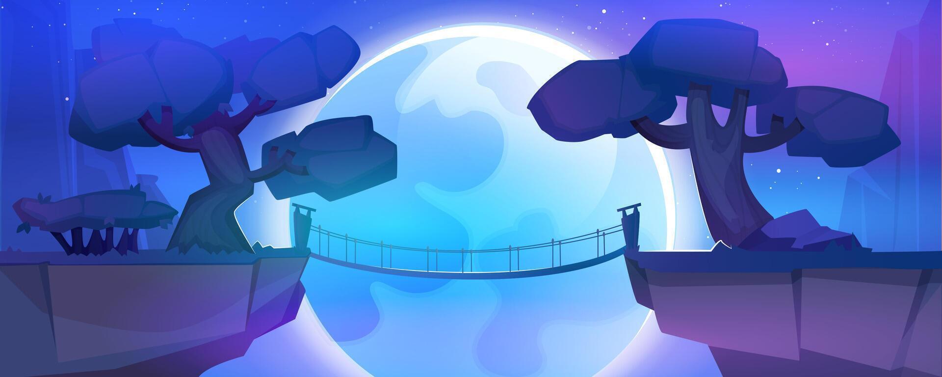 Fantastic landscape with mountains and suspension wooden bridge over precipice between cliffs in jungle. Cartoon fantasy background with rocks, stars, trees and big moon in dark sky at night. vector