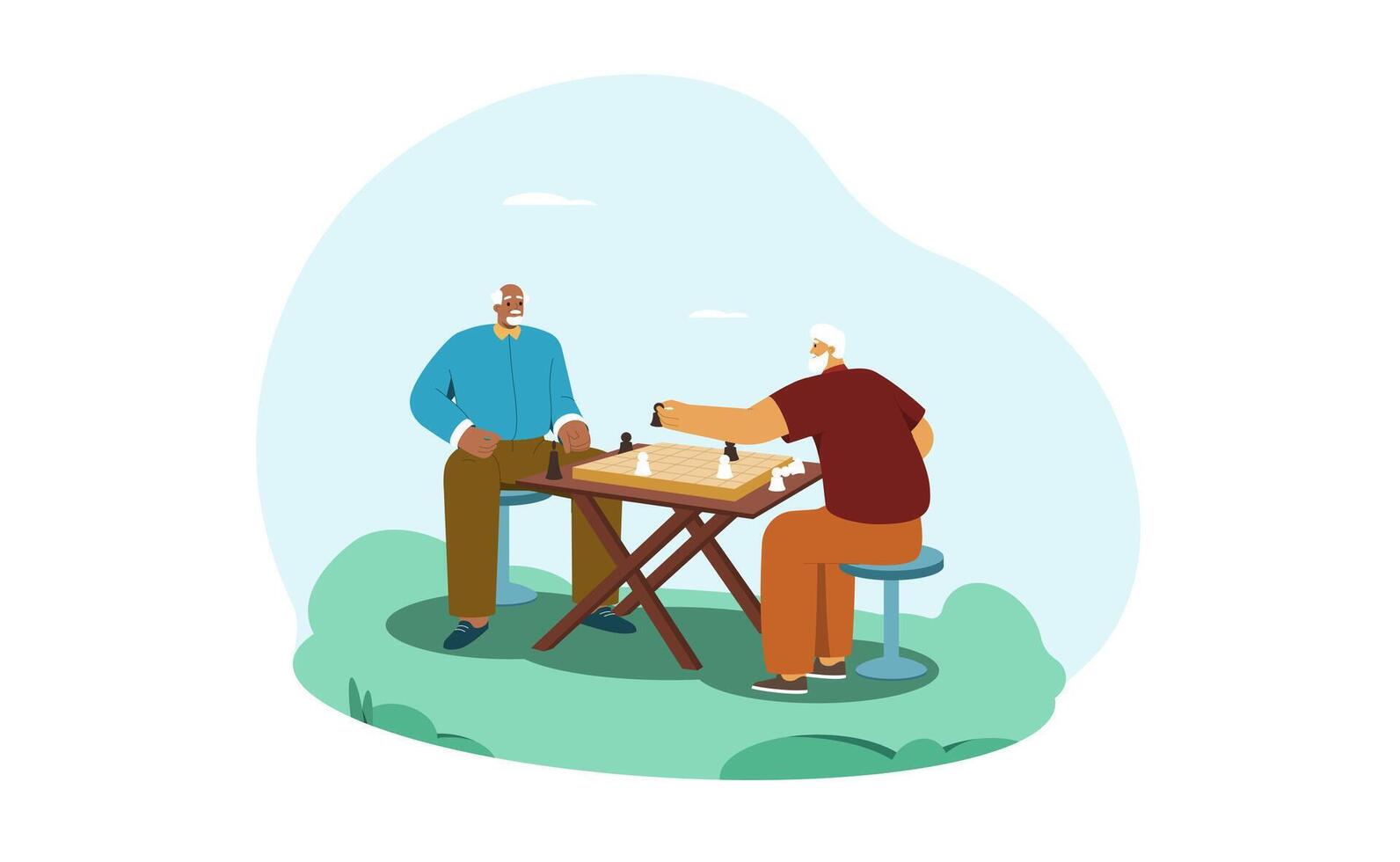 dibujos animados contento mayor hombres jugar ajedrez. Envejecido personas recreación y pasatiempo. mayor amigos o retirado caracteres sentado a mesa en el parque y jugando tablero juego. ilustración en plano estilo. vector