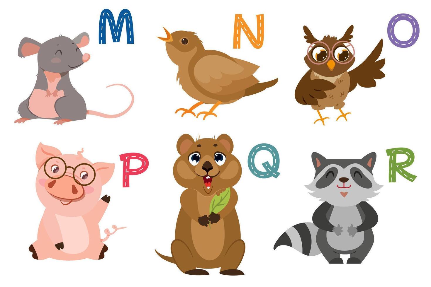 English alphabet with flat cute animals for kids education. Letters with funny animal and bird characters from M to R. Children design set for learning to spell with cartoon zoo collection. vector