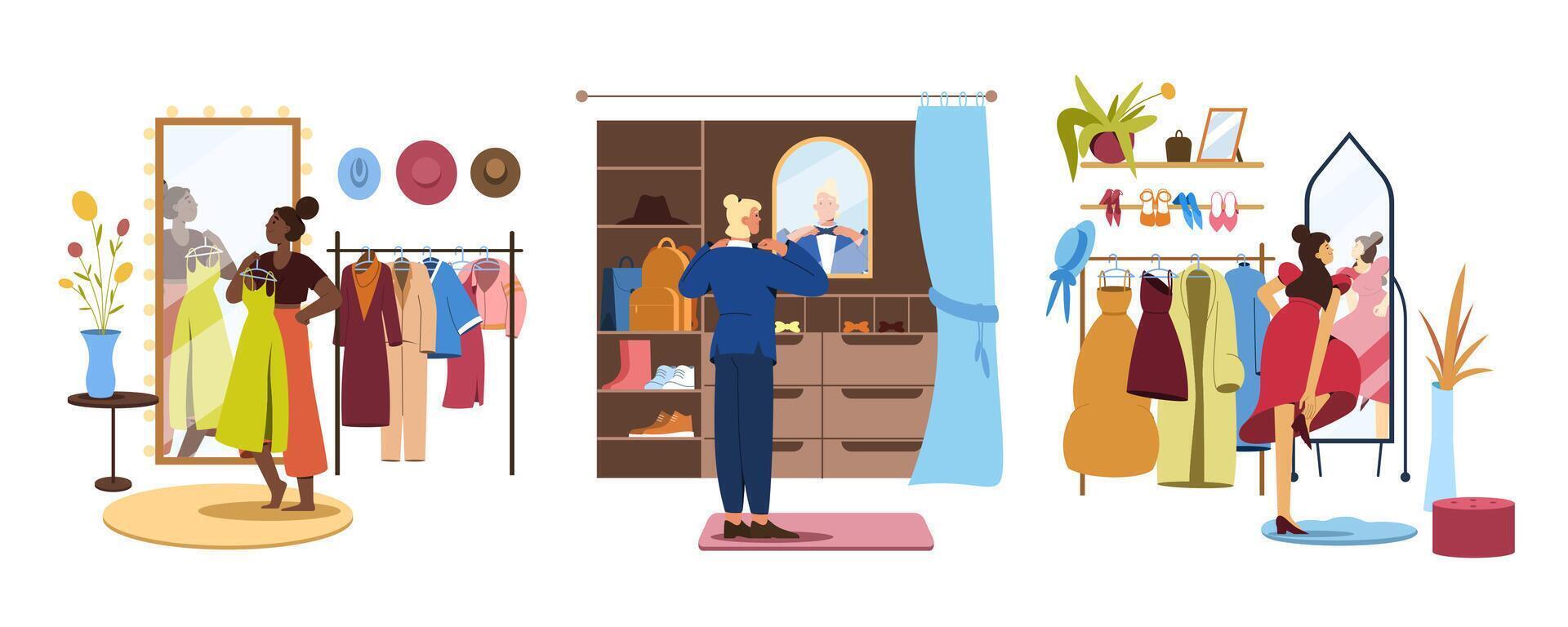 Flat man in wardrobe, people in walk in closet trying on clothes. Women shopping in boutique store. Girls choose outfit in cloakroom in front of mirror and hangers with dresses, coats and accessories. vector