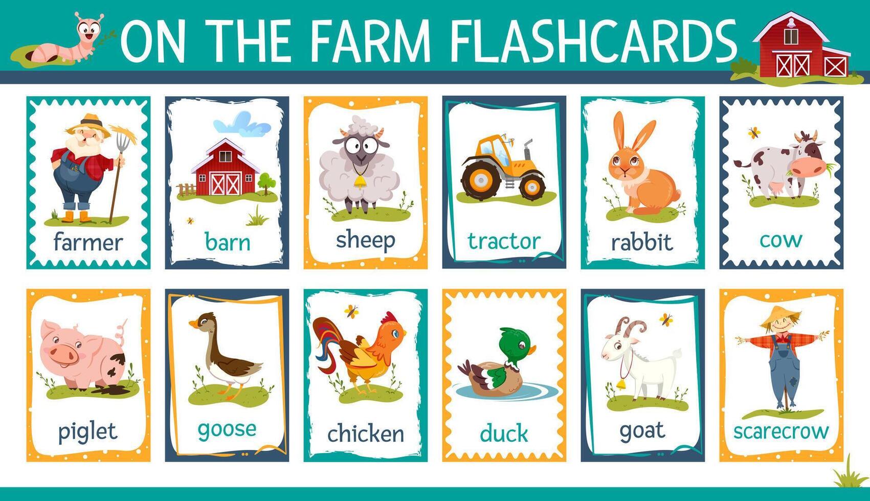 printable flashcards set with cartoon farm animals. Kids collection for learning english words with barn, tractor, farmer and scarecrow. Rural countryside flash cards with piglet, sheep, rabbit vector