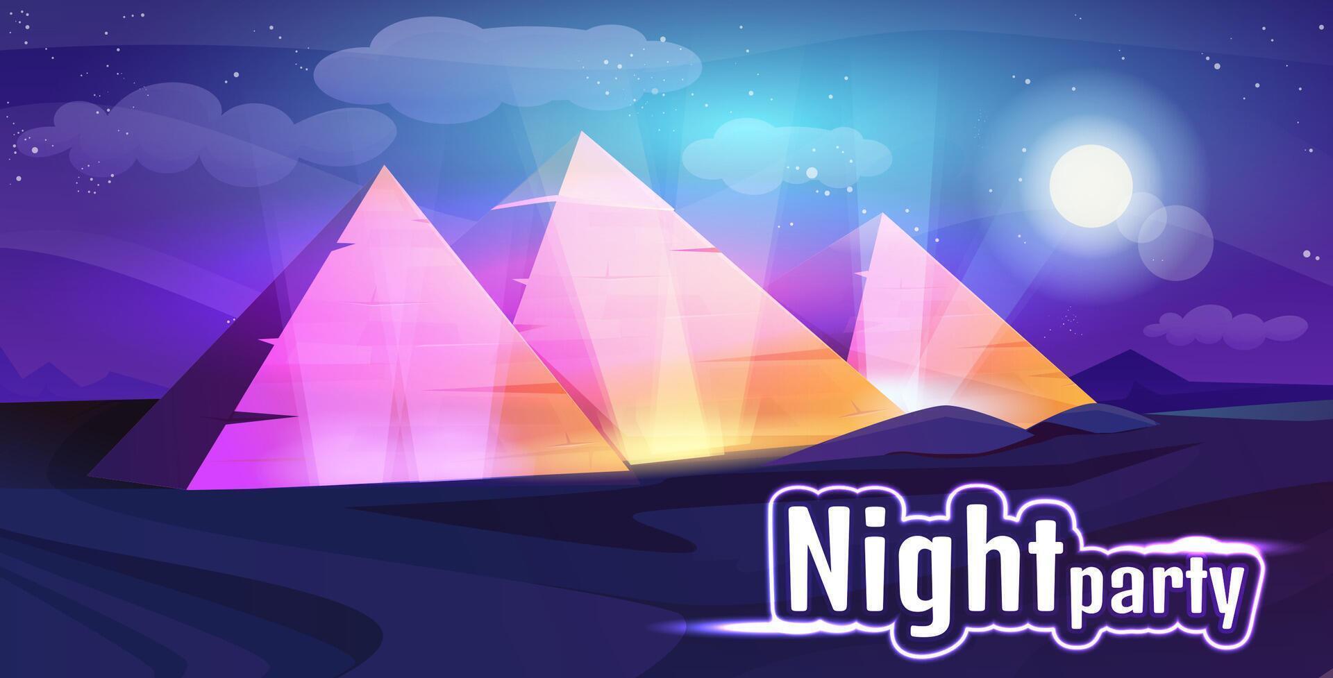 Egypt night party or show with neon glow egyptian pyramids. Landscape of sand desert, moon and starry sky. Nightlife event banner with ancient tombs cartoon illustration. Advertising poster. vector