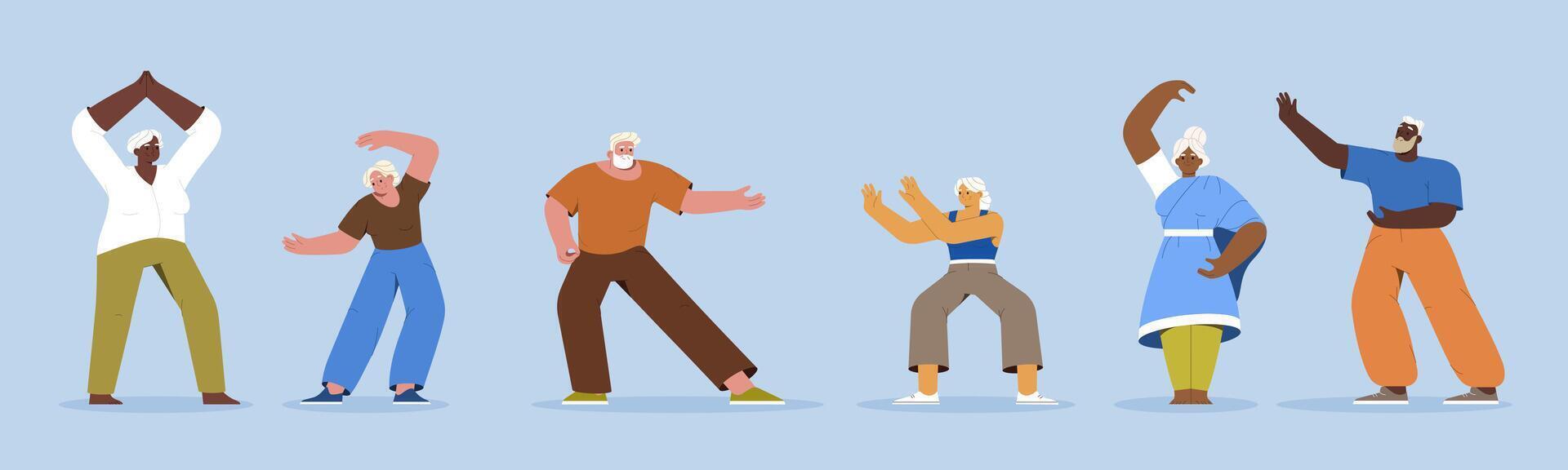 Flat elderly people doing physical tai chi exercises, yoga or qigong for healthy flexible body. Diverse group of pensioners at fitness workout. Old characters in sport clothes exercising of gymnastics vector