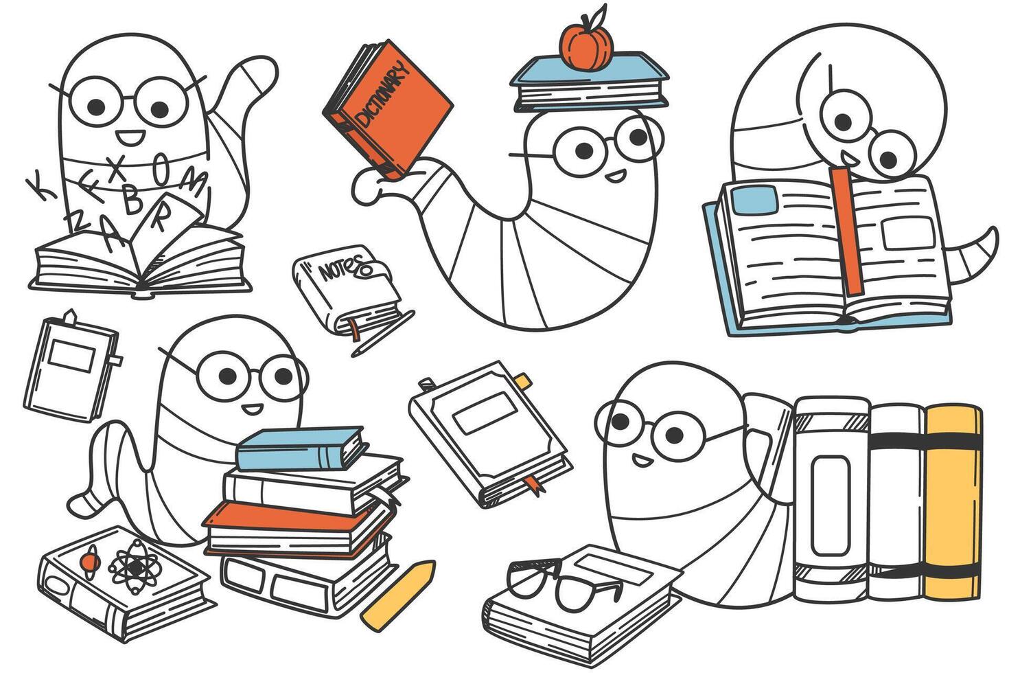 Hand drawn funny bookworms doodle set. Smiling worms in glasses on stacks of books reading and learning educational literature. Happy smart animal characters study colorful textbooks. vector