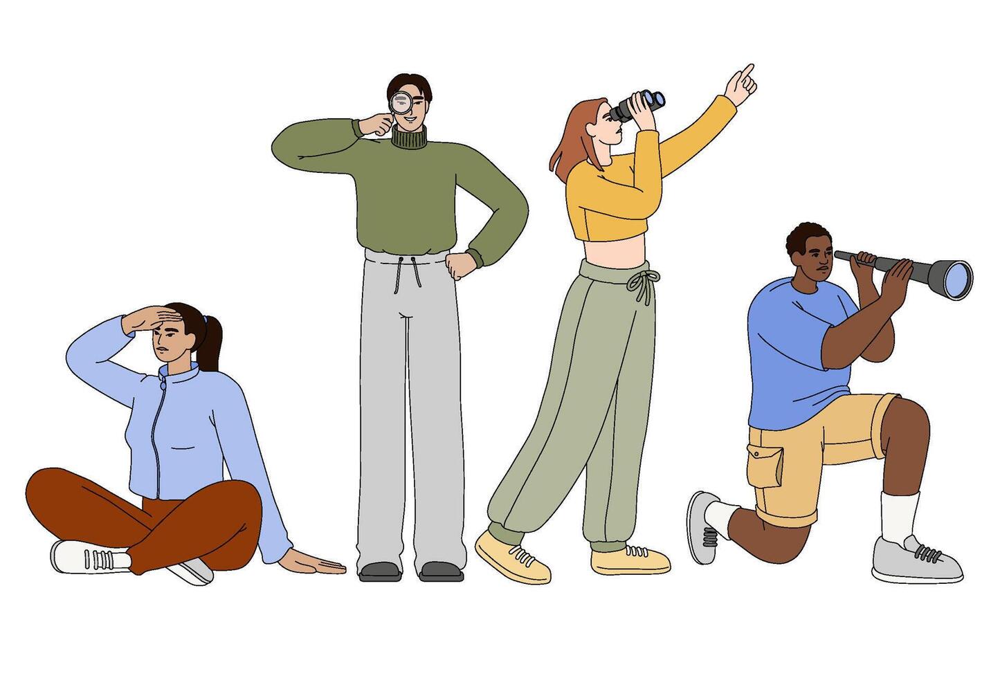 Flat business persons searching new work opportunities or business ideas. Employees looking into the future through binoculars, magnifying glass and spyglass. People team explore new horizons. vector