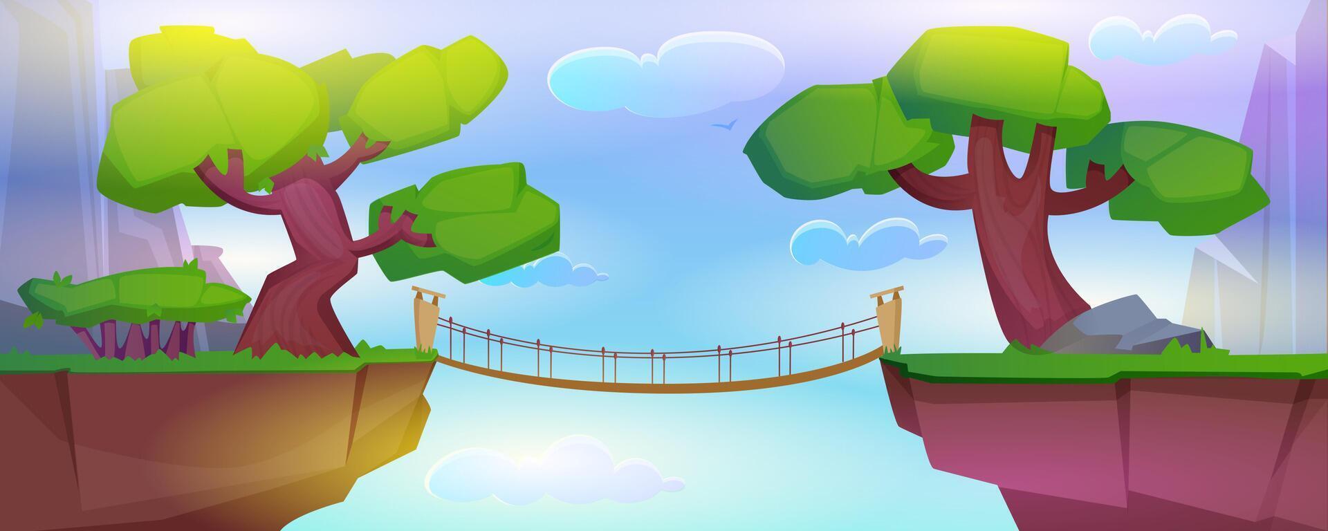 Summer landscape with mountains, plants and log bridge over precipice between cliffs. Cartoon illustration of rocks, green grass and trees, wooden rope footbridge over abyss at day. vector