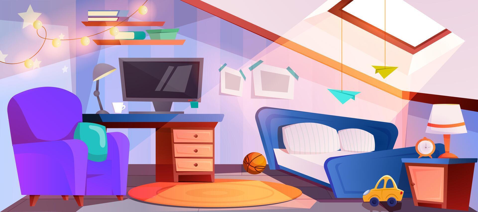 Cartoon attic interior of teenager boy cozy bedroom with workspace for study with computer monitor, desk, lamp and bookshelves. Mansard children room with roof window, bed, armchair and toys. vector