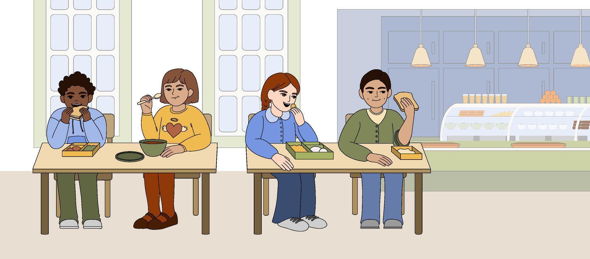 Flat children eat food in school canteen. Happy multiracial kids sitting at table and eating sandwiches from container boxes. Cafeteria interior with chairs, tables and counter bar. vector