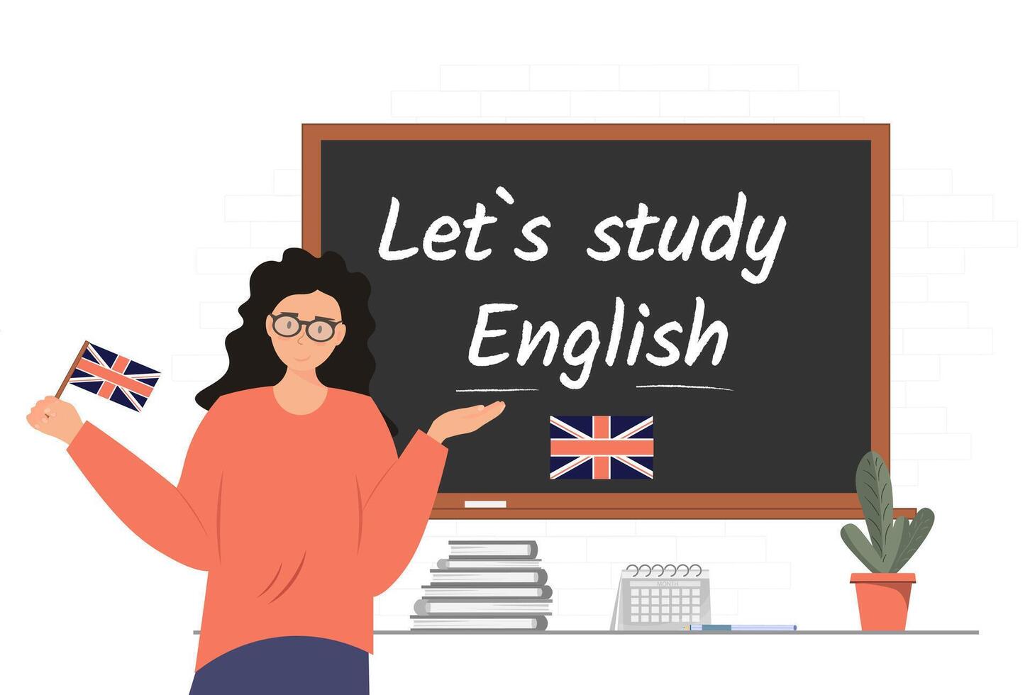 Banner with Lets study English phrase written on the chalkboard, Person holding British flag in the hands, education concept, English language courses concept, illustration vector